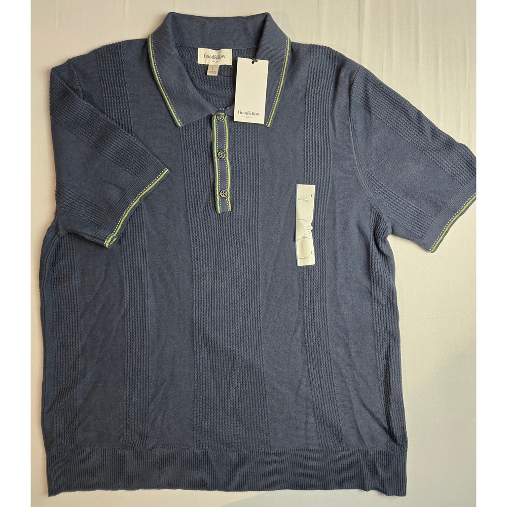Goodfellow & Co Mens Knit Polo Shirt Blue Green Tipping Textured Sweater Large